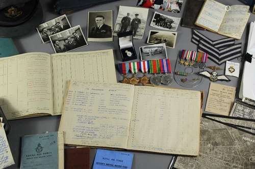 WWII RAF Ephemera to Flight Sergeant Arthur Alfred Aris 1397340, This lot includes a medal group Burma Star, Defence Star, George VI medal, 1939-45 Star in the original box, flying log book covering the period between 1943 to 1945, watercolour portrait of Flight Sergeant Aris approx 19 x 26