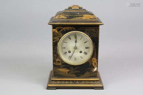 A French Chinoiserie mantel clock, silvered Roman dial, French brass movement strikes to a coil, approx 18 x 27 h, brass carry handle