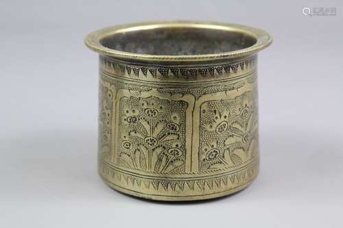 Mughal cylindrical box, approx 14 x 11 x 11 cms with foliate design together with another approx 13 x 13 x 10 cms