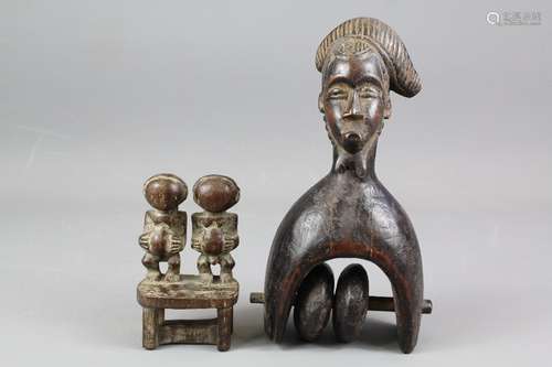 African Baule carved Heddle Fishing Vessel Pulley, together with a African carving of twins, approx 10 cms h