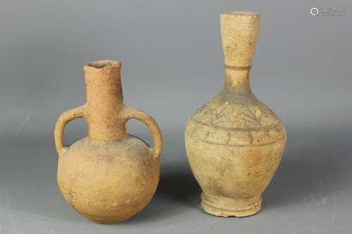 Antiquity - Roman Pots, one double handled oil vessel approx 20 cms h, the other a wine vessel with painted decoration to the body, approx 25 cms h