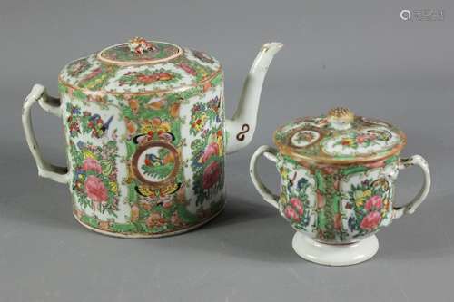 Antique Cantonese Famille Vert teapot and cover, hand painted with foliate decoration, together with a similar double handled mugs and cover