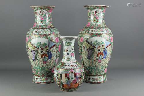 Three 20th Century Famille Rose vases, the larger pair depicting two figures greeting visitors, painted with butterflies and birds, approx 46 cms h, red character marks to base together with a smaller Famille Rose vase painted with birds amongst peony, approx 30 cms h