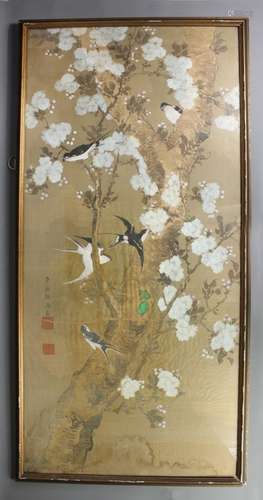 Chinese painting on linen, depicting birds amongst cherry blossom, signed lower left, approx 56 w x 120 h cms, framed and glazed