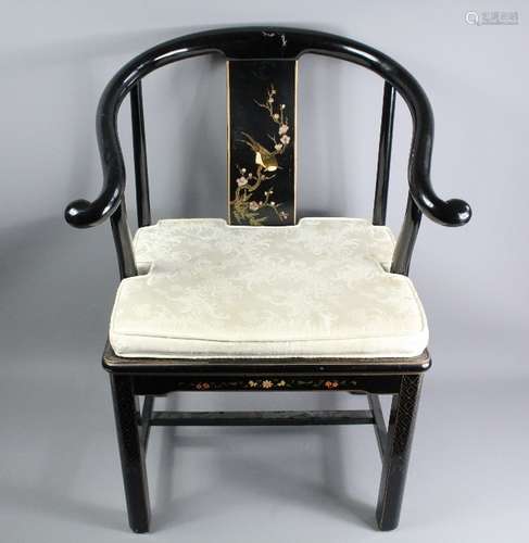 An Oriental Lacquer Chair; the bentwood chair having painted decorations, hard seat with cushion, straight legs and stretchers, approx 45 x 50 x 86 cms