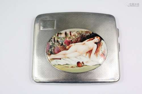 A silver and enamel cigarette case, the case having a feminine nude painted enamel cartouche, Chester hallmark, dated 1927, approx 152 gms, approx 10 x 8