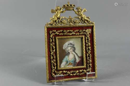 Circa 1860 French School portrait miniature, presented in a gilt ormolu frame, approx 8 x 9 cms