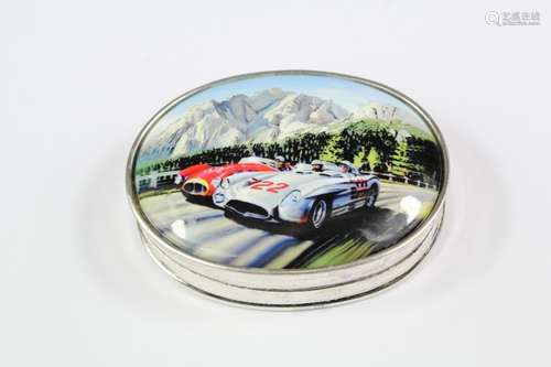 Silver Pill Box, depicting classic motor cars, approx 55 x 40 cms, approx 38 gms