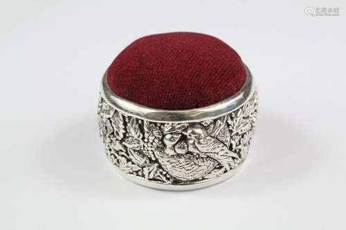 Silver circular floral banded pin cushion, approx 49 gms, approx 50 x 45 mm