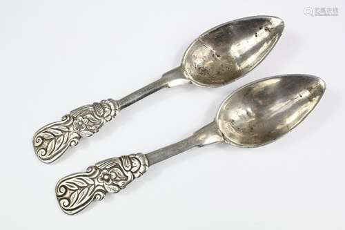 A Pair of 19th Century Spanish Spoons; the colonial silver spoons depicting birds, hand engraved monograms to back