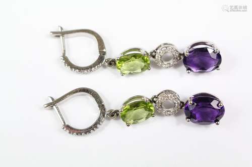 18ct white gold diamond and semi-precious stone earrings, approx 35 pts of dias, amethyst approx 9 x 7 mm, green peridot approx 8 x 6mm, approx 400 mm drop