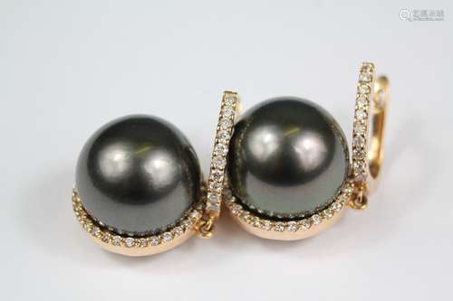 A pair of 18ct yellow gold black Tahitian pearl and diamond earrings, pearls approx 13