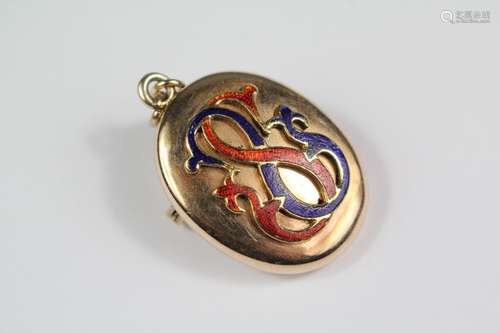 Antique 14ct yellow gold and enamel locket brooch, approx 30 x 22mm, approx 11 gms, monogram SS entwined