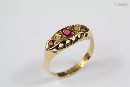 Antique 18ct yellow gold, diamond and ruby ring, the ring set with one 3