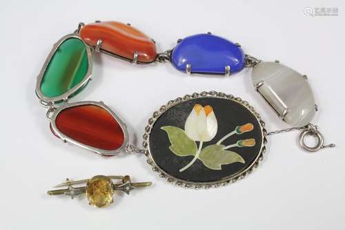 Silver and semi-precious stone bracelet, together with a micro-mosaic brooch and a yellow stone brooch