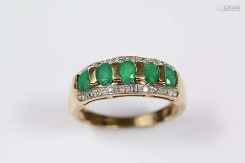 9ct yellow gold and emerald ring, set with five emeralds approx 4 x 3 mm with approx 5 pts of dias, size P, approx 2