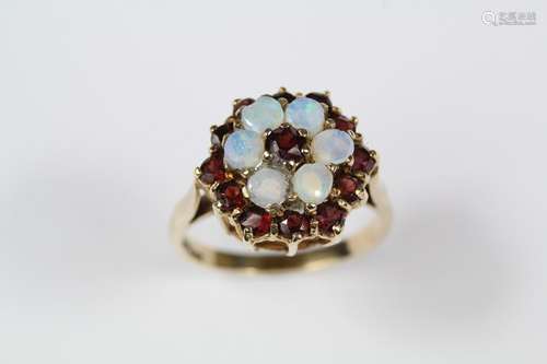 9ct yellow gold, garnet and opal ring, size Q, approx 4