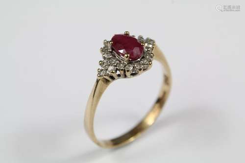 Vintage 9ct yellow gold ruby and diamond ring, the ring set with a ruby approx 6 x 4mm and 22 pts of 8-cut dias, size O, approx 2