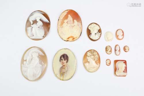 A quantity of antique shell cameo, together with a portrait miniature on ivory depicting a young woman