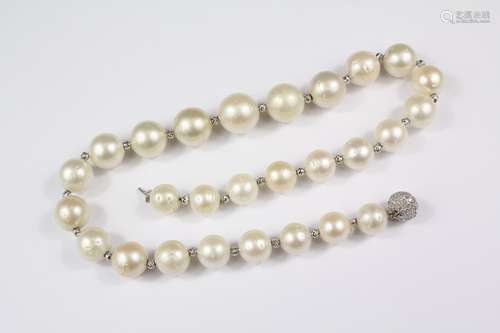 Cultured Pearl Necklace, set with a diamond ball clasp, pearls 10mm to 15mm, approx 38 cms