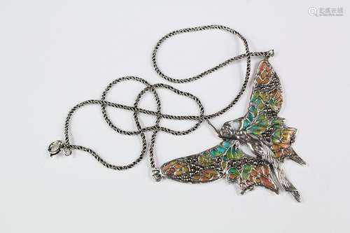 Silver Plique de Jour pendant necklace, in the form of a flower fairy