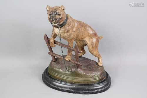 After Charles Valton (1851-1918) Sculpture - Bull Mastiff dog; the dog chained to a fence, on a black marble plinth, approx 24 x 16 x 30 cms