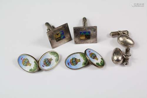 Three pairs of silver gents cufflinks, one pair silver and enamel depicting a hot air balloon, a pair of silver lozenge cufflinks and a pair of silver and enamel geometric designed cufflinks, approx 33