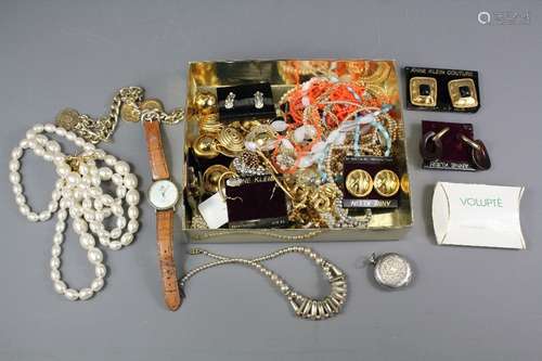 A box of costume jewellery, including earrings, necklaces, watches and a silver open-faced pocket watch