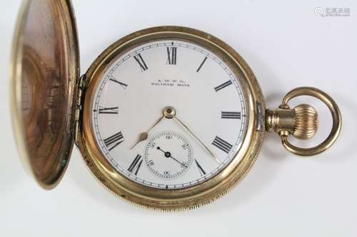 Waltham & Co G Full Hunter pocket watch, the gold-plated watch having a white enamel face stamped A