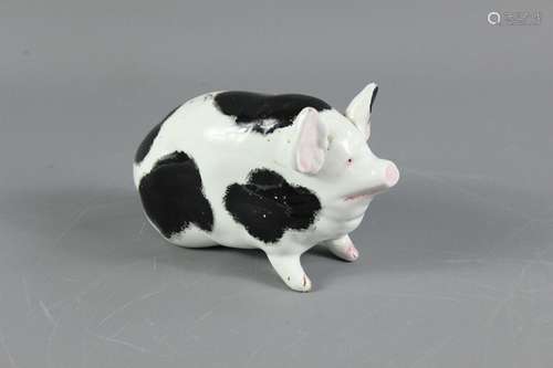 Weymss Pottery Pig - antique 20th century, modelled seated on its haunches, with black to gray shading, one pink tinted ear and one black tipped ear, with pink snout, eyes and hocks, Wemyss painted mark to base, approx 16l x 10 h cms