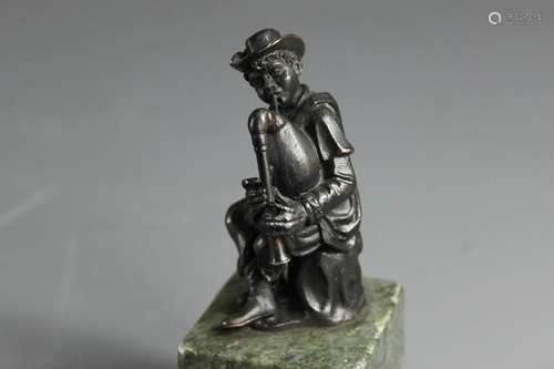 After Giambologna; small bronze bagpiper, approx 5 x 5 x 13 cms h (base of plinth to top)