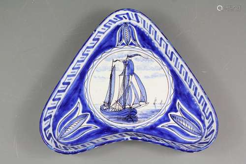 A 19th Century Delft Chocolate Dish, painted with fishing vessel, with tulip motif, approx 24