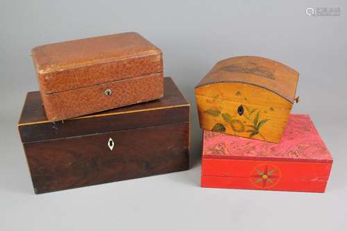 French Fenoux 120 Palais Royal leather jewellery box, approx 22 x 14 x 9 cms together with two painted boxes and a Victorian mahogany tea caddy approx 31 x 15 x 15 cms