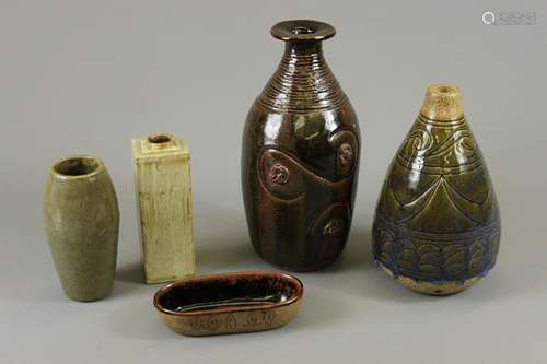 Five Studio Pottery Pots and Vases, with various glazed finishes, approx 29, 19, 17, 15 cms respectively, all signed R