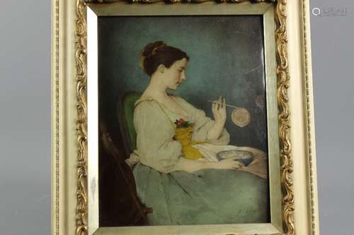 Victorian colour reverse glass prints, including girl blowing bubbles approx 25h x 20 w cms, a young courting couple approx 25 h x 16 cms and a young woman 26h x 19 w cms, all framed