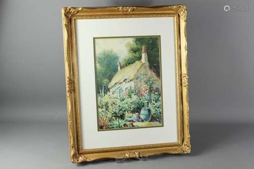 English School - watercolour painting depicting a Thatched Cottage; the cottage set in a colourful country garden, approx  25 x 34 cms, unsigned, glazed and framed