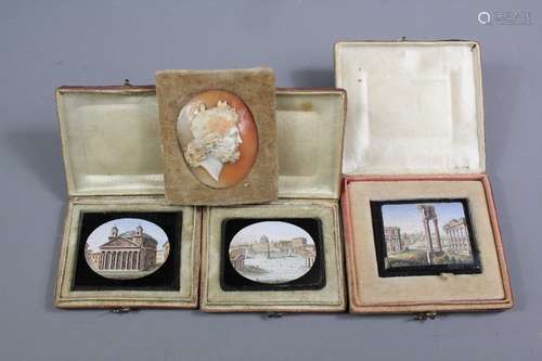 Italian Micro-Mosaic tile, depicting an aerial view of Rome approx 40 x 30 mm, another tile depicting Roman ruins and another of a Roman temple together with a shell cameo depicting an emperor