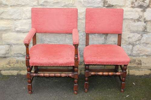 Antique oak-framed dining chairs, this lot comprises four dining chairs and two carvers, on turned legs and straight stretchers, re-upholstered in apricot corduroy and a footstool covered in a similar fabric