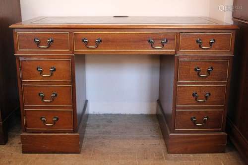 Contemporary twin pedestal desk, having black tooled leather top, four drawers to one side and a faux drawer cupboard to the other, approx 120 x 60 x 75 cms