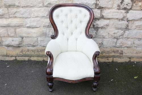 Victorian mahogany framed chair, on turned legs, celadon green upholstery