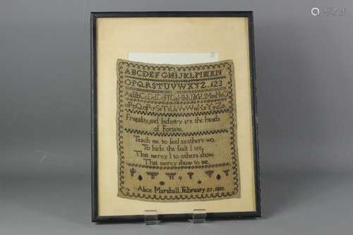 A 19th century sampler, by Alice Marshall, February 27th, 1833, framed and glazed, approx 25 w x 28 h cms