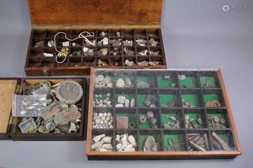 Local archaeological finds - contained in three boxes, including thimbles, bells, musket balls, cartridge cases, buckles, flint arrow, coins etc