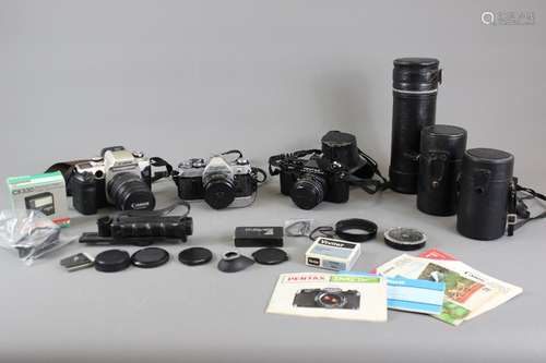 Collection of Camera, including Canon Eos 50 E with a Canon Zoom lens 28-80mm, Canon AE-1 with a Canon lens FD 50mm; Pentax MV camera with a SMC Pentax 50mm lens, together with a quantity of lens including Vivitar Macro Focussing Zoom 52mm, Komura Telemore 95 II, Vivitar Wide Angle 28mm, Canon Zoom lens 70-210mm, housed in an orange canvas bag with instruction manuals