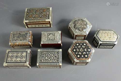 Eight Marquetry Boxes; intricately patterned in various shapes including one with mother of pearl from Egypt