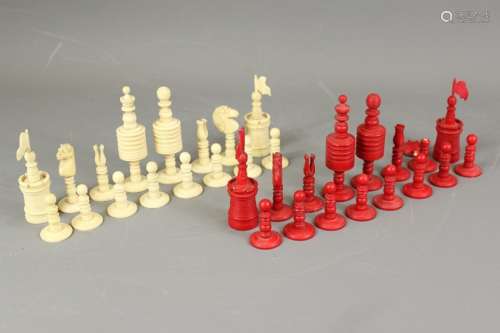 Antique stained bone chess pieces, complete