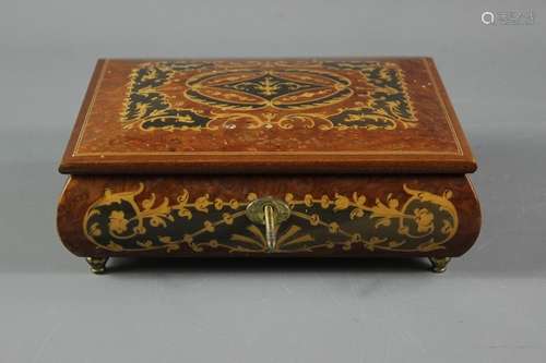 Italian marquetry musical jewellery box, approx 26 x 16 x 6 cms, playing 'The Godfather' melody