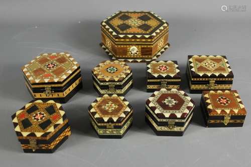 Nine Marquetry Boxes; the boxes intricately patterned in various shapes and sizes, one marked 