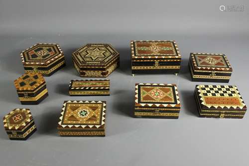 Ten Marquetry Boxes; the boxes intricately patterned in various shapes and sizes, one being a musical box, another labelled V