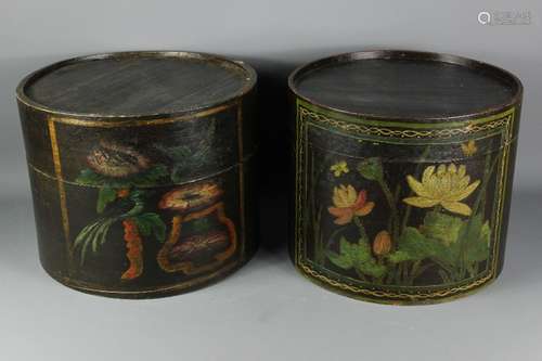 Two vintage wooden hat boxes; the boxes decorated with floral design, approx 40 cms dia x 30 cms h