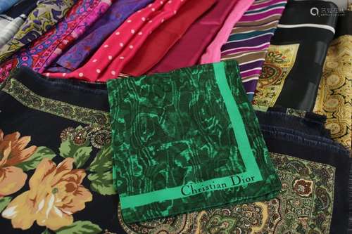 A Selection of Ladies Scarves and Squares; one emerald green Christian Dior square, eight silk scarves and squares and ten others